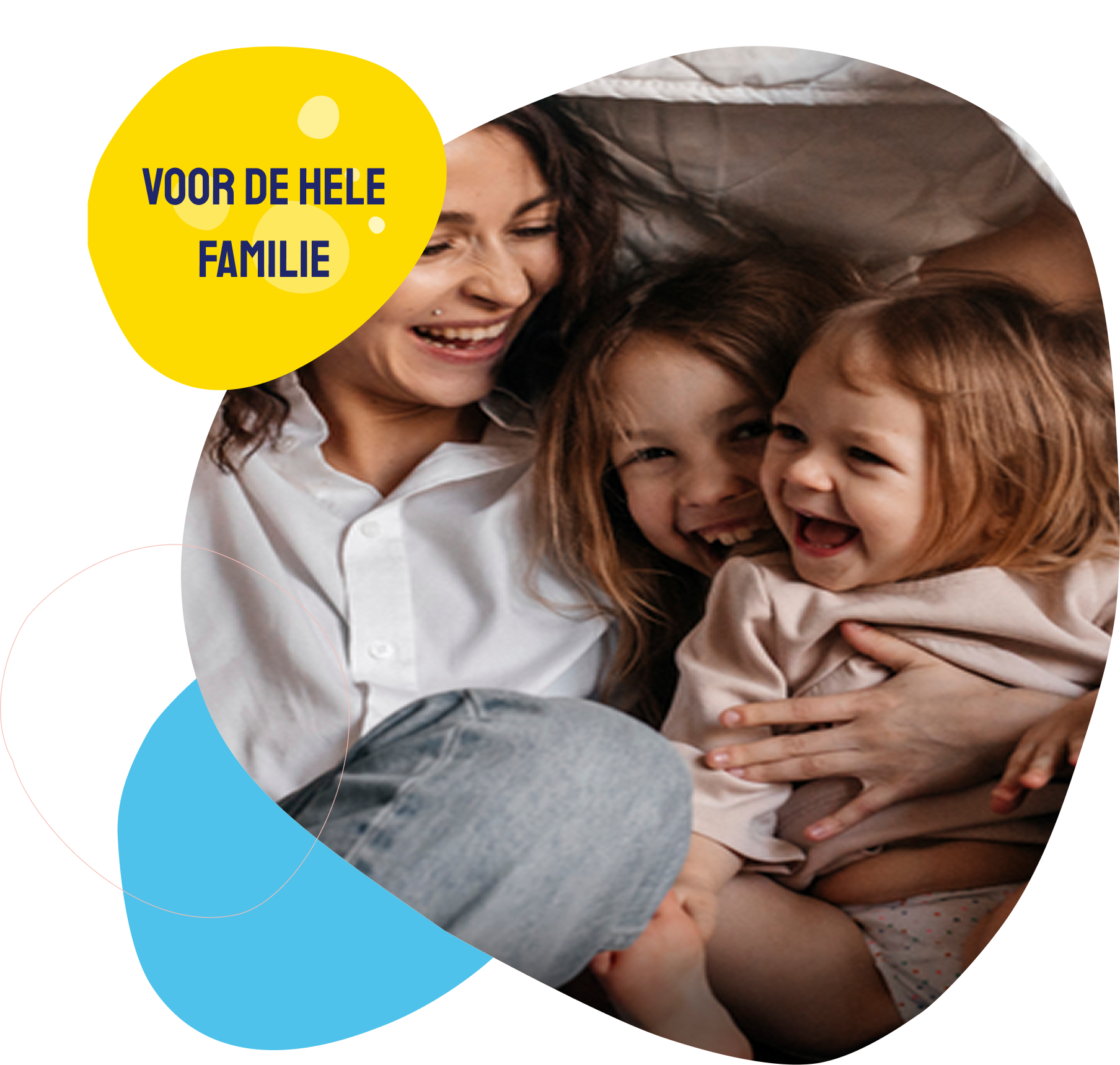 Moeder en kinderen die lachen en het darmcomfort en de balans van de darmflora voor het hele gezin illustreren